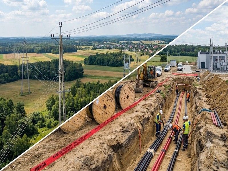 Linia napowietrzna i wykop pod kable energetyczne